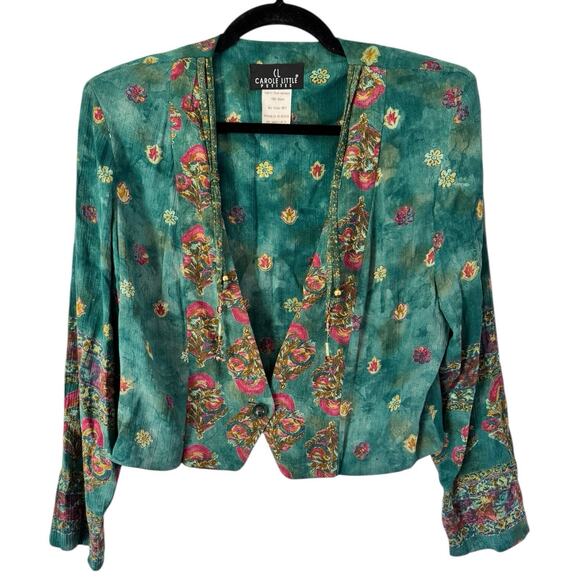 Carole Little Vintage Green Floral Cropped Tasseled Blouse Size 8P - Picture 1 of 8